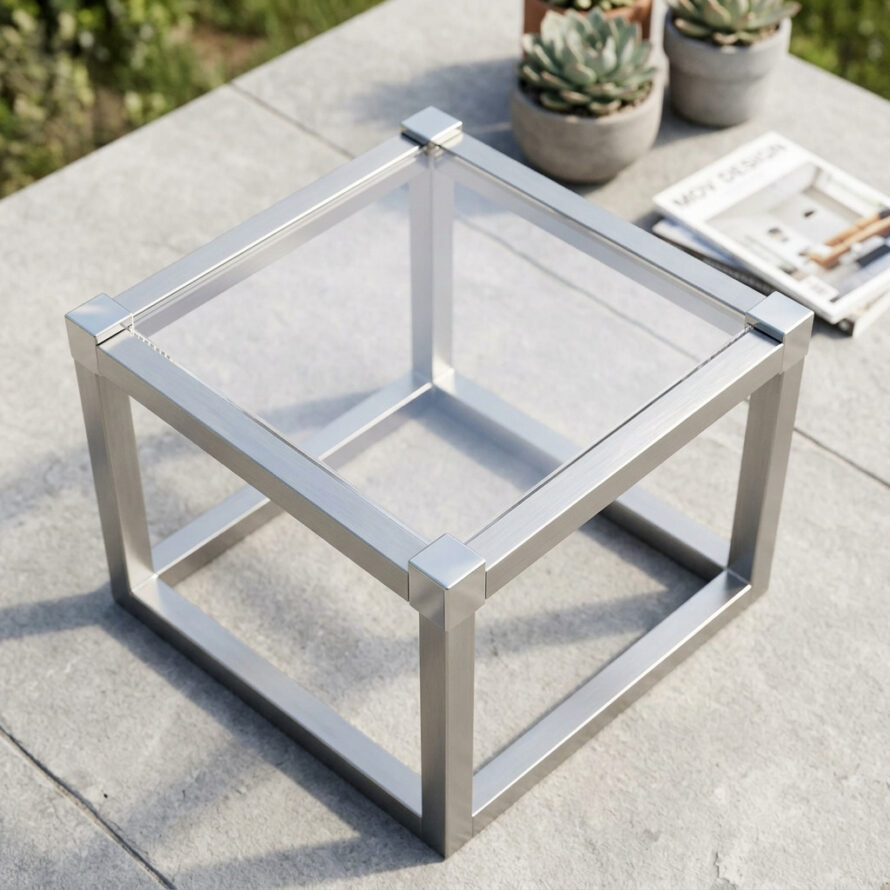 Vierkante bijzettafel van plexiglas met aluminium frame voor buitengebruik