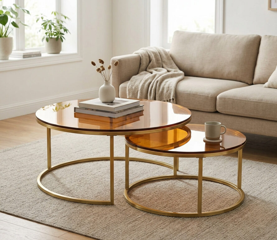Ronde nesttafels met transparante plexiglas tafelbladen en goudkleurig frame