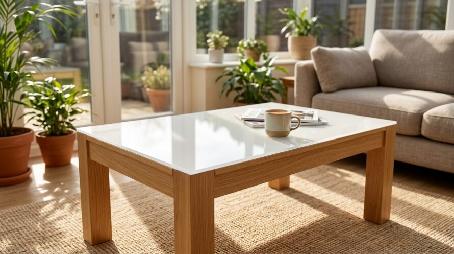 Witte tafelblad van plexiglas op houten tafel