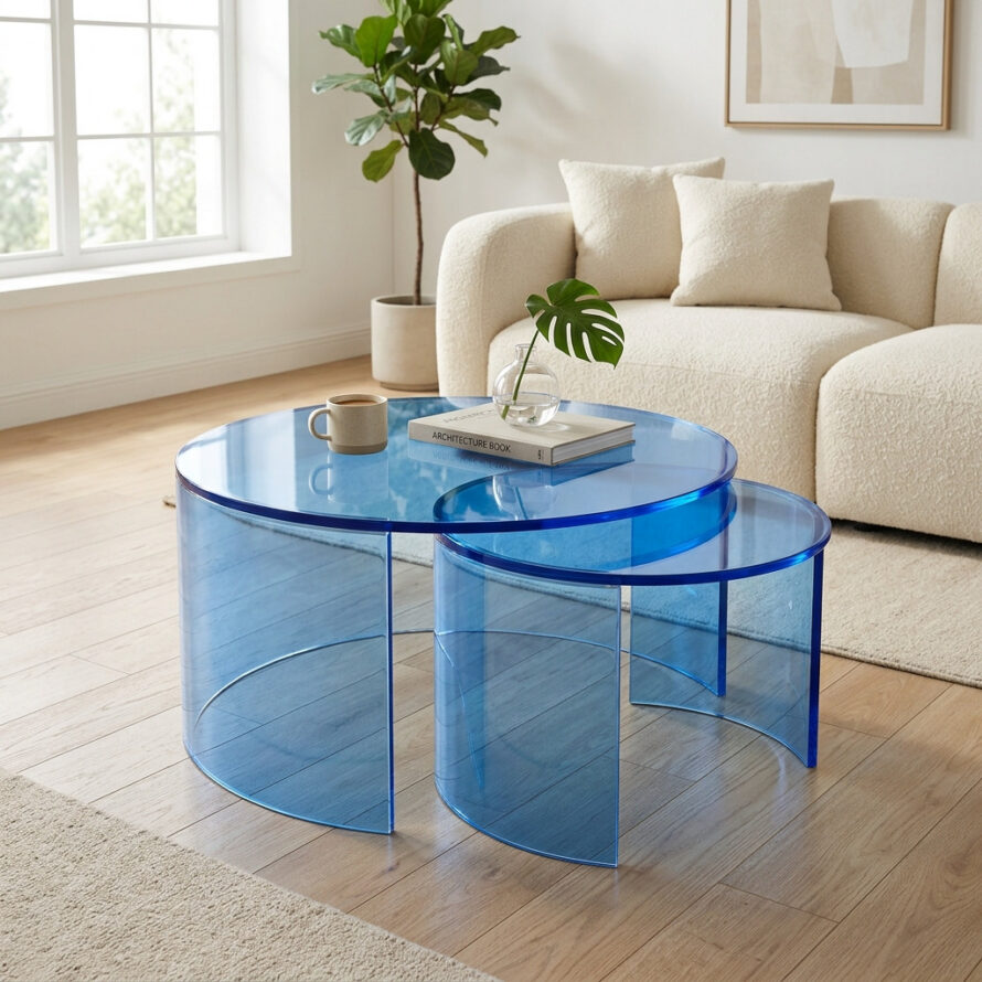 Ronde salontafel van blauw transparant plexiglas
