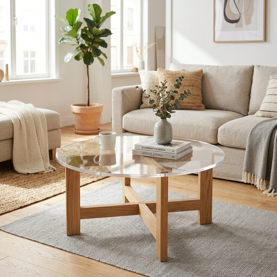 Ronde salontafel met transparant plexiglas tafelblad en houten onderstel
