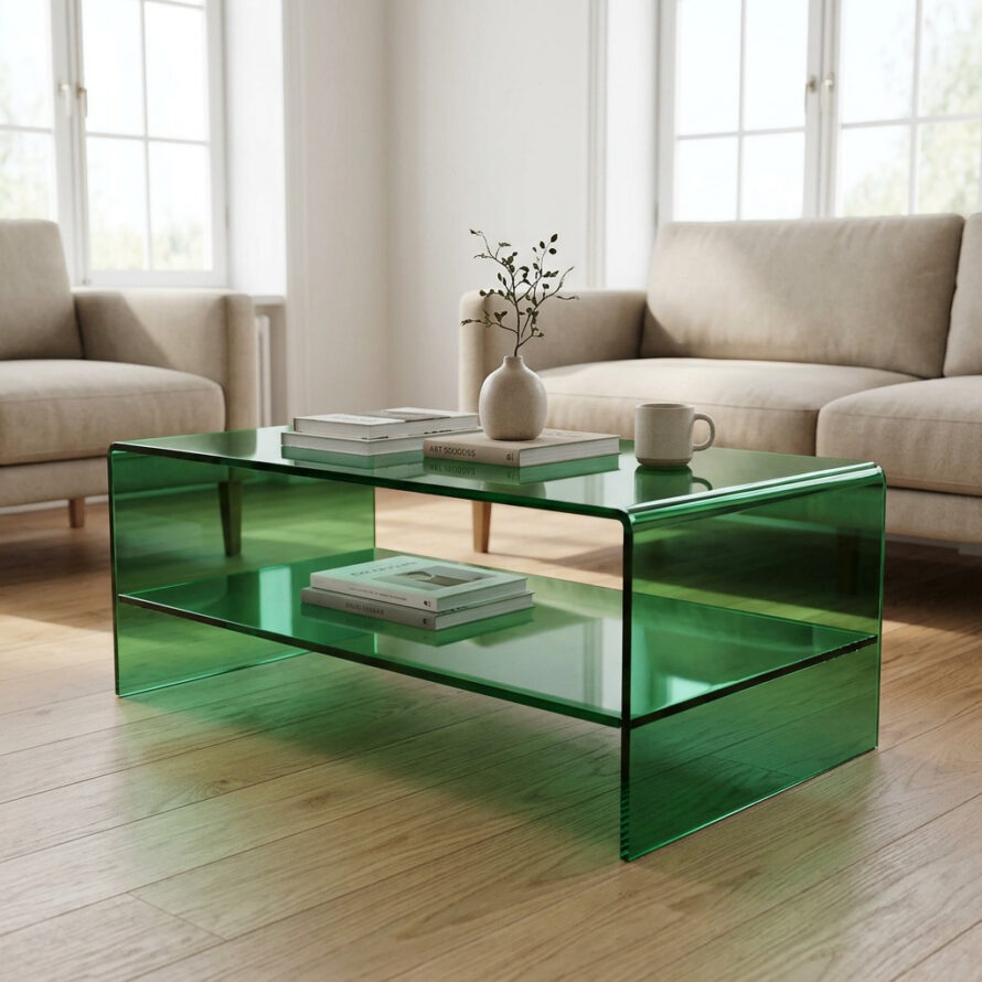 Moderne salontafel van groen transparant plexiglas met opbergruimte