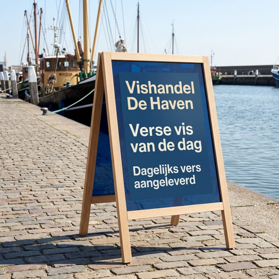 Blauw houten stoepbord met wit plexiglas schrijfbord voor Vishandel De Haven met verse vis van de dag.