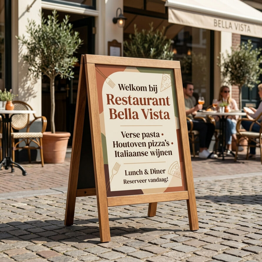 Klassiek houten A-frame stoepbord met transparant plexiglas en restaurantmenu voor Bella Vista.