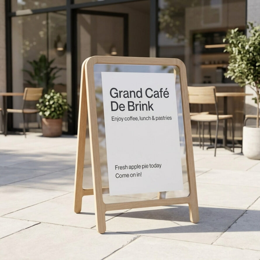 Modern houten stoepbord met wit plexiglas whiteboard voor Grand Café De Brink met lunchspecial.